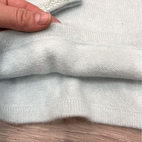 Vintage Angora Baby Blue V Neck Sweater Sequence Beaded Neck and Sleeves - Picture 5 of 5
